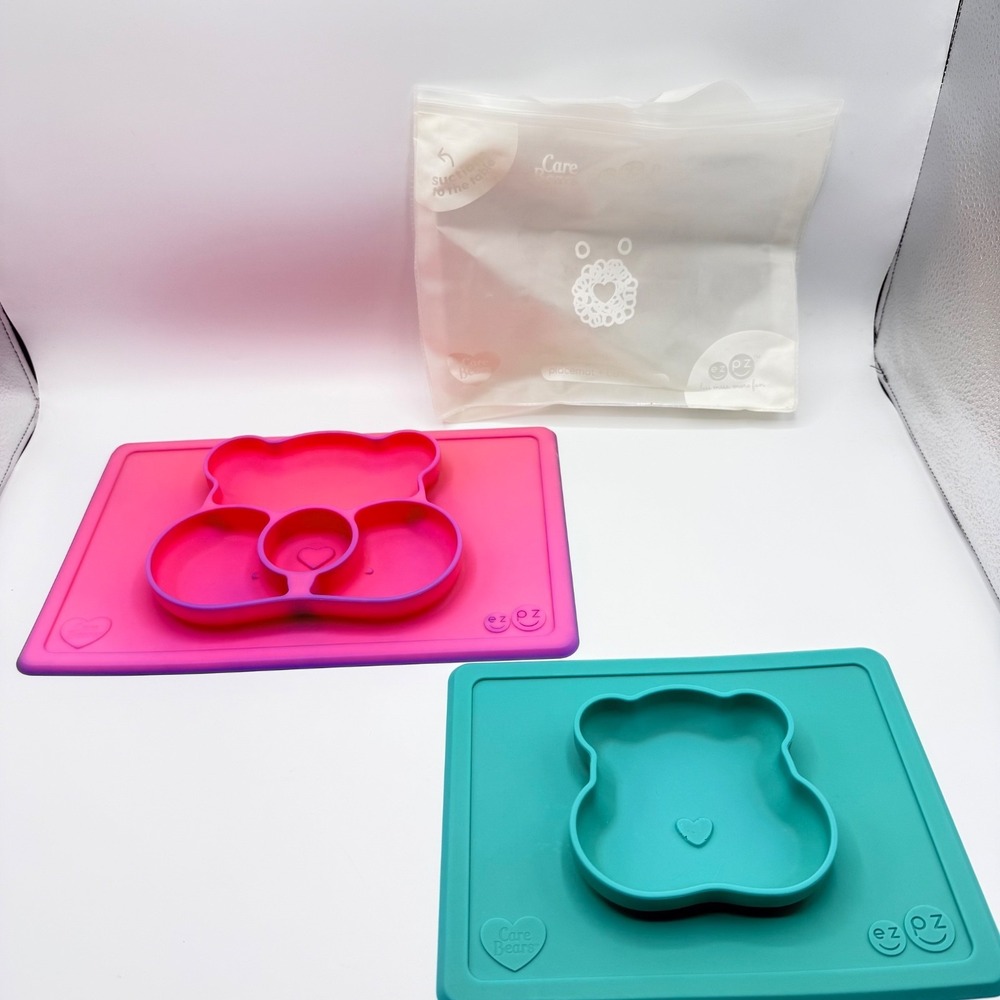 EZPZ Care Bear Placemat Silicone Suction Plate and Bowl Pink & Teal